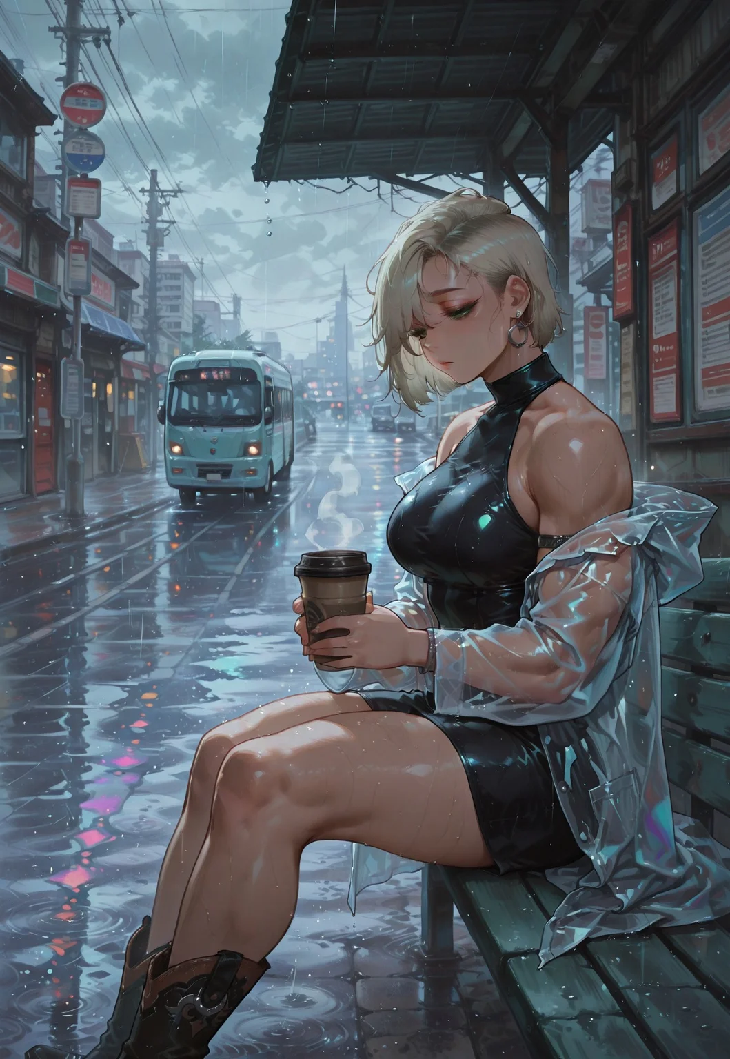 1girl, solo, detailed face, detailed eyes, green eyes, muscular female, platinum blonde hair, sidecut, angular features, sharp jawline, large breasts, thick muscular thighs, curvy,
BREAK
black halterneck dress, short dress, sleeveless dress, clothing cutout, silver jewelry, silver armlet, silver earrings, silver nose ring, black footwear, cowboy boots, (see-through raincoat, iridescent open coat),
BREAK
From side, sitting, on bench, at bus stop, holding one disposable cup with both hands, two-handed holding, steam rising from coffee cup, lidded eyes, sleepy,
BREAK
outdoors, bus stop, cozy atmosphere, dull grey sky, raining, city street, blurred taillights, convenience store glow, puddles reflecting neon, water droplets, detailed background,
BREAK
(absolutely eye-catching, fine texture, masterpiece, ultra-detailed, very awa, best quality, very aesthetic, absurdres, newest, volumetric lighting, scenery), m0gm_sty, hu99y, 7481llu,
BREAK