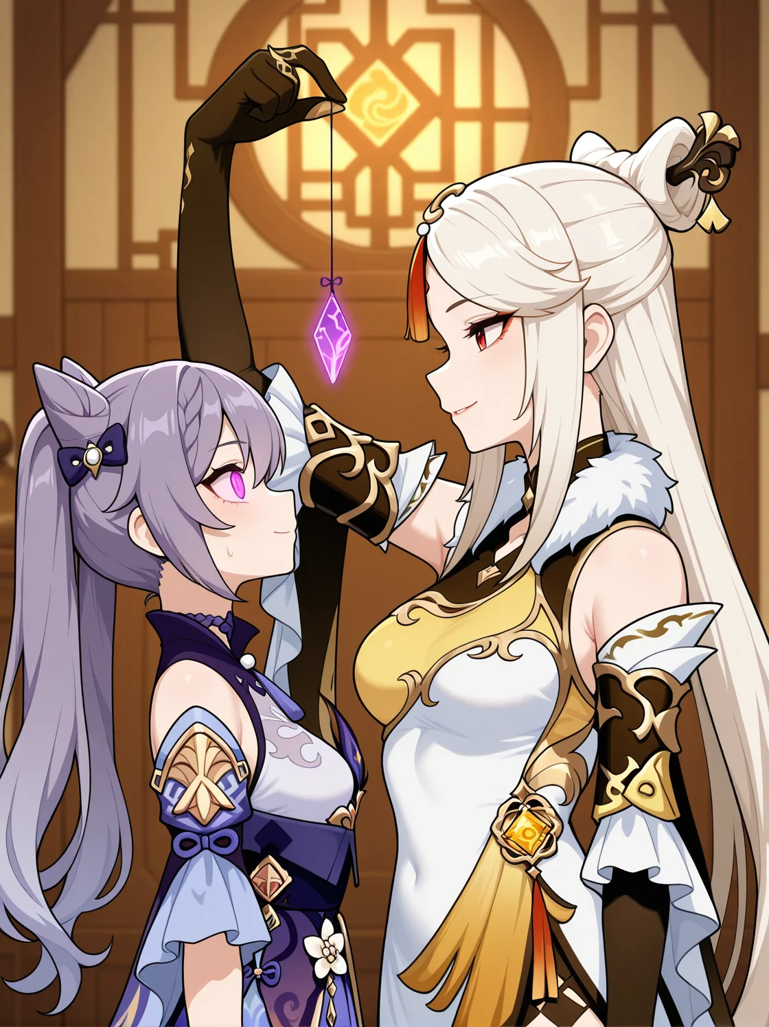masterpiece, best quality, amazing quality, very aesthetic, absurdres, newest, , 2girls, standing, ningguang \(genshin impact\), keqing \(genshin impact\), upper body, smile, small breasts, holding, mind control, gem, eye contact,
<lora:Crystal_on_string_v2_il:0.6:hr=0.3> crystal on string, arm up,