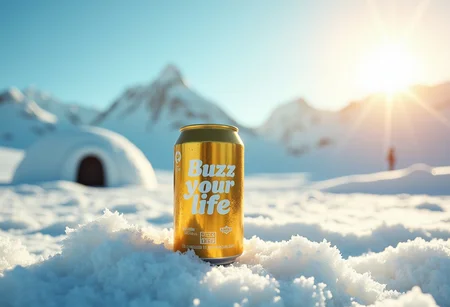 a cold beverage can in the middle of an icy plain with icy mountains in the background there is also a igloo in the back and a lot of sun, the sky is clear and sunny, the beverage has a print that says “Buzz your life”, high definition, the can is golden, realistic, beautiful perfect, photorealistic