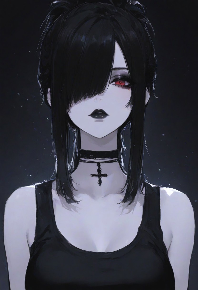 masterpiece, best quality, 1girl, solo, looking at viewer, black hair, jewelry, medium breasts, ponytail, sidelocks,   medium hair,  hair over one eye, red eyes, lips, black shirt,  makeup, black choker,  tank top,  lipstick,  eyeshadow, gothic, black lips,  dark theme, close up, particles,