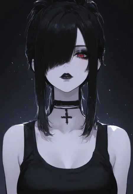 masterpiece, best quality, 1girl, solo, looking at viewer, black hair, jewelry, medium breasts, ponytail, sidelocks,   medium hair,  hair over one eye, red eyes, lips, black shirt,  makeup, black choker,  tank top,  lipstick,  eyeshadow, gothic, black lips,  dark theme, close up, particles,