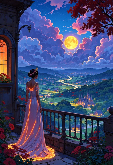 A queen wearing glowing dress with glowing gold trimming standing on the balcony of a castle, looking down on the great majestic kingdom below, vibrant glow