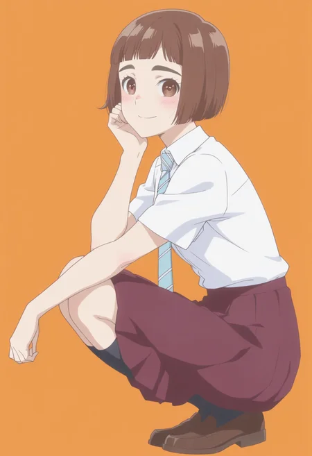 anime screencap, anime coloring,  <lora:DX888KazusaIL:1> onodera kazusa, brown eyes, thick eyebrows, brown hair, short hair, bob cut, blunt bangs, BREAK simple background,  orange background,  BREAK school uniforme, white shirt, striped necktie, skirt, BREAK  1girl, blush, closed mouth, full body, hand on own face,  looking at viewer,  smile, solo, squatting, from side,