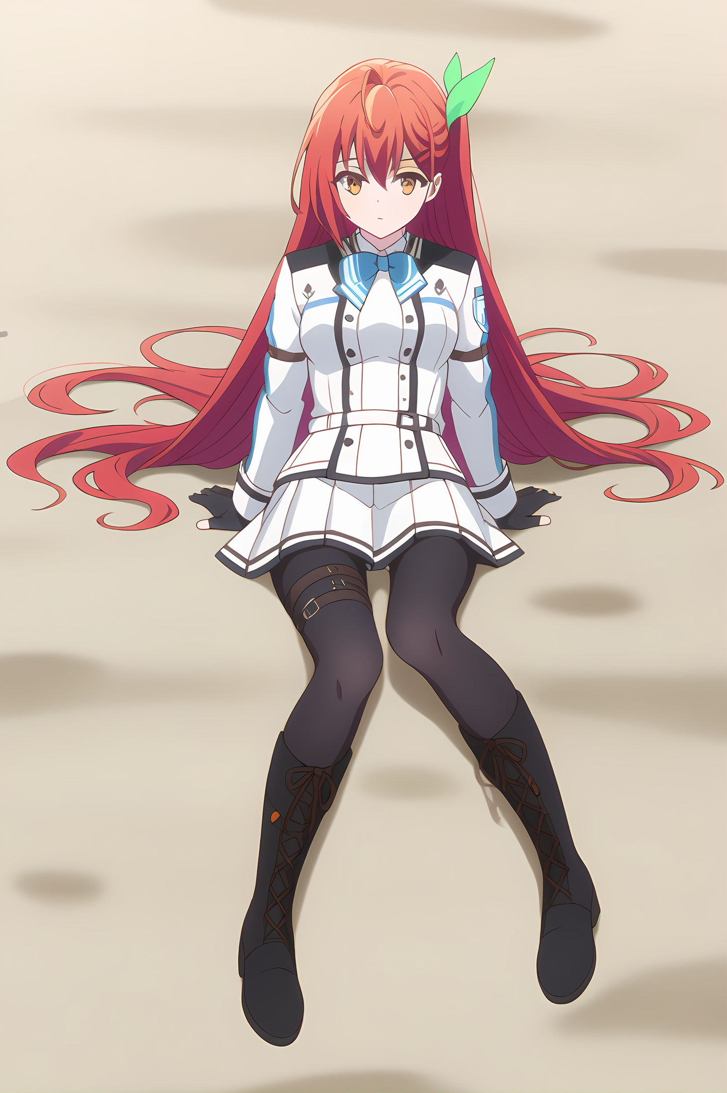 (white jacket white skirt black pantyhose black boots:1.20), gg-leoleshea, red hair, long hair, hair ribbon, medium breasts, 1girl, solo, (skinny, petite), score_9, score_8_up, score_8, score_7_up, score_7, score_6_up, score_6, score_5_up, score_5, source_anime, blush, outdoors, (1.3::full body|0.3::sitting|0.4::standing|0.4::lying|straight-on|0.6::close-up| :1.20), feet, <lora:gg-leoleshea-V01-000003:1.00>