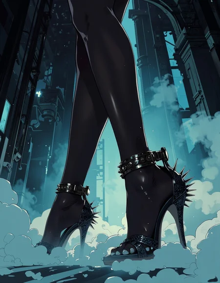Anime art.
The view is very close. Women's legs, stockings, stylish sandals made of dark snakeskin with high heels, metal spikes, beautiful white pedicure. The background is a dark gradient in blue tones with fog and clouds of steam. The background is minimalist, a gradient of shadowy blue tones, amplifying the ethereal and futuristic ambiance of the scene. The overall composition feels cinematic, blending high fashion with a science fiction aesthetic.