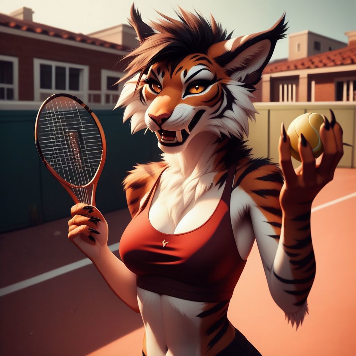 score_9, score_8_up, score_7_up, score_6_up, score_5_up, score_4_up, source_furry, BREAK
1girl, anthro, curvy dark furred tiger woman, thin, skinny, detailed fur, large fangs, confident, evil, focused, medium breasts, upper body, BREAK
outside, tennis courts, playing tennis, (holding tennis racket:1.6), sports bra, short shorts, (diving:1.7), hitting tennis ball,  speed lines, BREAK
highly detailed, highly detailed lifelike hyper realism style, photorealistic, insanely detailed, depth of field, masterpiece,
