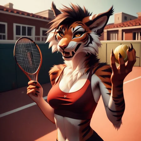 score_9, score_8_up, score_7_up, score_6_up, score_5_up, score_4_up, source_furry, BREAK
1girl, anthro, curvy dark furred tiger woman, thin, skinny, detailed fur, large fangs, confident, evil, focused, medium breasts, upper body, BREAK
outside, tennis courts, playing tennis, (holding tennis racket:1.6), sports bra, short shorts, (diving:1.7), hitting tennis ball, speed lines, BREAK
highly detailed, highly detailed lifelike hyper realism style, photorealistic, insanely detailed, depth of field, masterpiece,