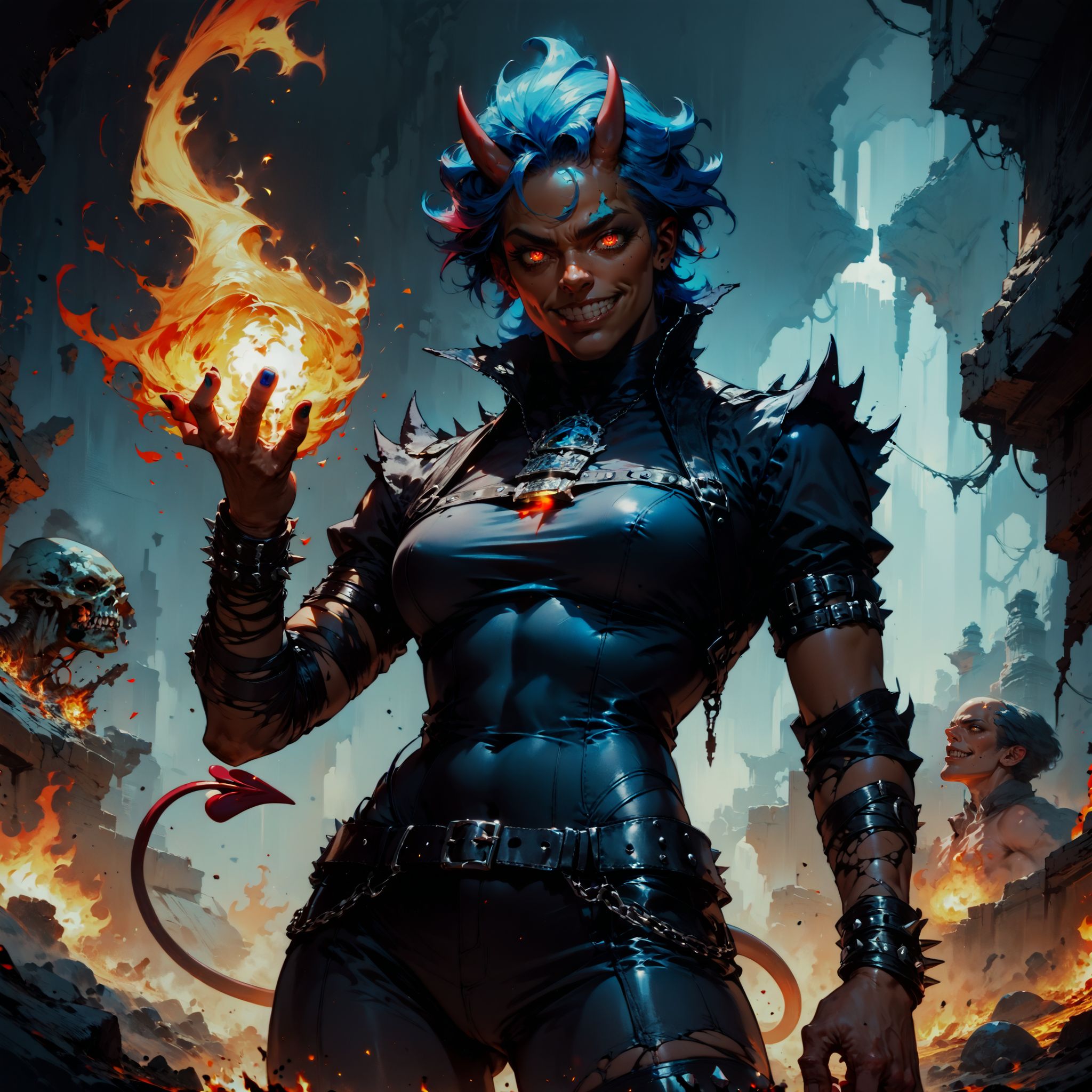 (score_9, score_8_up, score_7_up), masterpiece, , best quality, high quality, highres, cinematic shot, (hell, molten rock, vulcan, ), Panty & Stocking style, Thick lineart, sharp edges
BREAK
dutch angle, portrait, 1women, dark-skinned female, solo, short blue hair, smug grin demon, demon tail, demon horns, fireball, body on fire,
BREAK
magical body paint, gothic bodysuit,
<lora:Concept Art Twilight Style SDXL_LoRA_Pony Diffusion V6 XL:0.8> <lora:Bad_Hands_lora:0.8> <lora:add-detail-xl:0.8>   <lora:GN_v1.4:0.8>