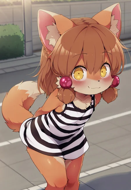 masterpiece, best quality, Solc4t3, (((1 boy))), solo,

((dagasiperrokun, body fur, brown fur, animal ear fluff, short hair, brown hair, hair beads, hair bobbles, dog ears, dog tail, yellow eyes, sleeveless dress, striped dress,))

standing, hands behind back, smug, bent over,

outdoors, street background), day time,