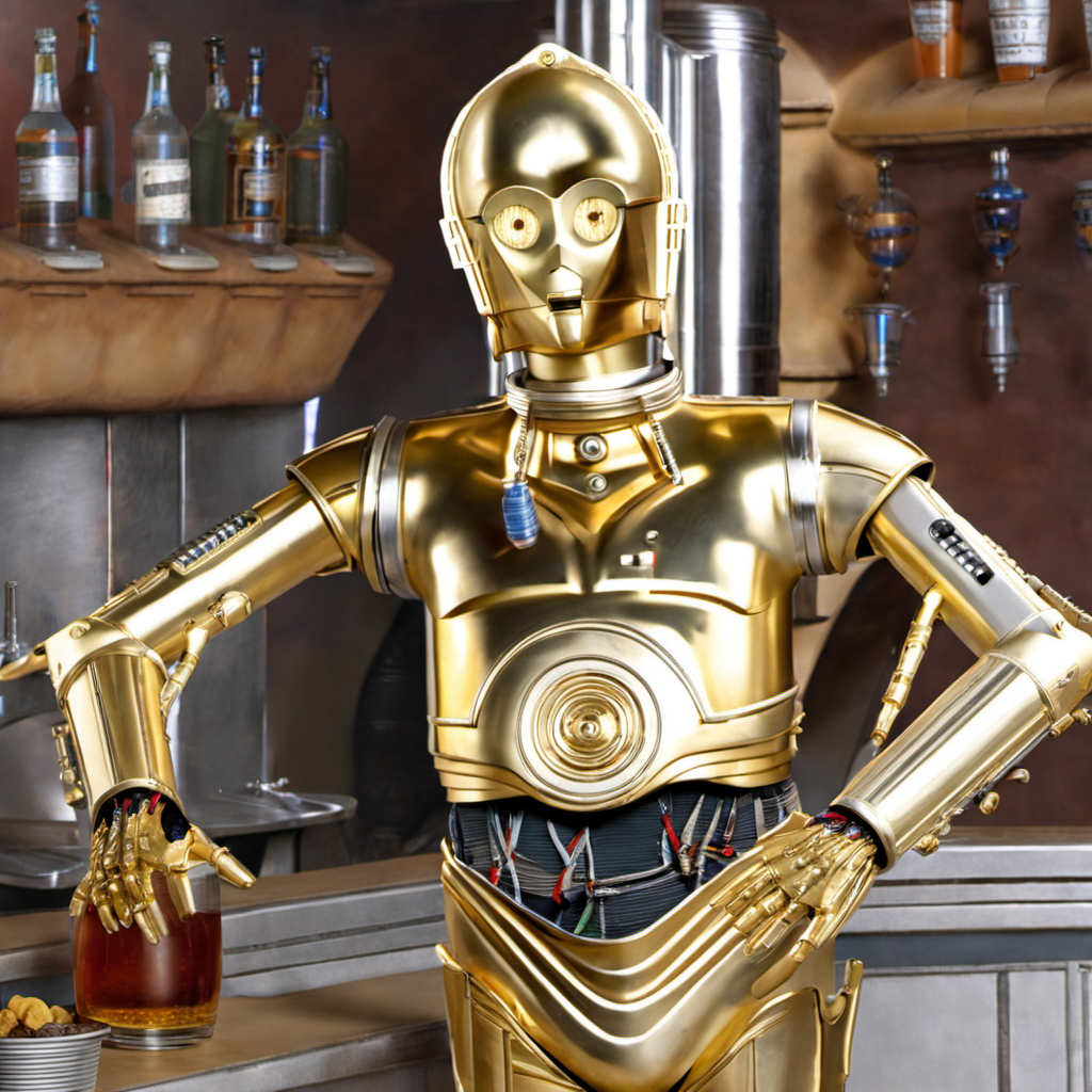 (c3po) getting drunk at bar on tatooine,  <lora:c3po:1>