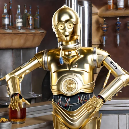 (c3po) getting drunk at bar on tatooine, <lora:c3po:1>