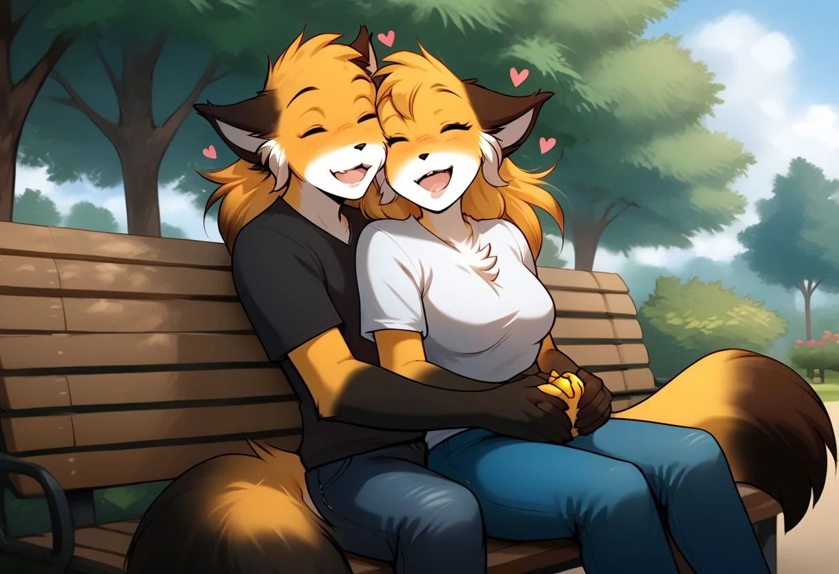 score_9, score_8_up, score_7_up, score_6_up, source_furry, rating_explicit, duo, duo focus, anthro male fox, fox, anthro, Perfect Hands, 1boy, happy expression, laughing, park, Sitting on a bench, thin waist, flat stomach, lean, eyes contact, black T-shirt, jeans
BREAK
score_9, score_8_up, score_7_up, score_6_up, source_furry, rating_explicit, duo, duo focus, female, mike-twokinds, Perfect Hands, 1girl, happy expression, laughing, park, Sitting on the guy's lap, thin waist, flat stomach, lean, eyes close, furry fox paws, white T-shirt, cute shorts, floating hearts, medium breasts