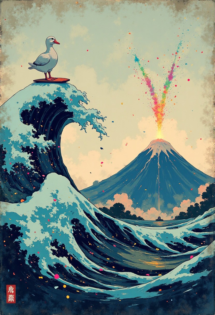 A striking digital artwork, styled after Hokusai’s The Great Wave off Kanagawa, reimagined with playful, surreal details. The iconic great wave curls high into the sky, its intricate foam transformed into patterns resembling colorful confetti. Atop the crest of the largest wave, a whimsical and pristine white duck confidently balances on a neon-colored surfboard, its vibrant hues of electric pink, lime green, and bright orange creating a stark contrast against the wave’s traditional cool blue and white palette.
In the background, Mount Fuji erupts spectacularly, spewing a rainbow-colored fountain of light and mist into the sky, adding a surreal and fantastical touch to the scene. 
hyper-realistic, ultra detailed, vibrant colors