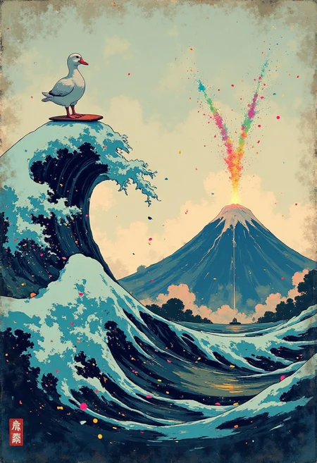 A striking digital artwork, styled after Hokusai’s The Great Wave off Kanagawa, reimagined with playful, surreal details. The iconic great wave curls high into the sky, its intricate foam transformed into patterns resembling colorful confetti. Atop the crest of the largest wave, a whimsical and pristine white duck confidently balances on a neon-colored surfboard, its vibrant hues of electric pink, lime green, and bright orange creating a stark contrast against the wave’s traditional cool blue and white palette.
In the background, Mount Fuji erupts spectacularly, spewing a rainbow-colored fountain of light and mist into the sky, adding a surreal and fantastical touch to the scene.
hyper-realistic, ultra detailed, vibrant colors