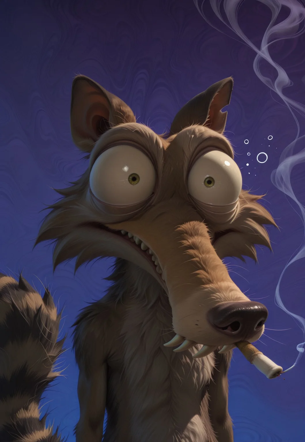 kftenhance, masterpiece, absurdres,1boy, Scrat, solo, long snout, bushy tail, striped tail, bulging eyes, sleepy, bloodshot eyes, half-closed eyes, stoned, psychedelic background, marijuana, joint, smoking
