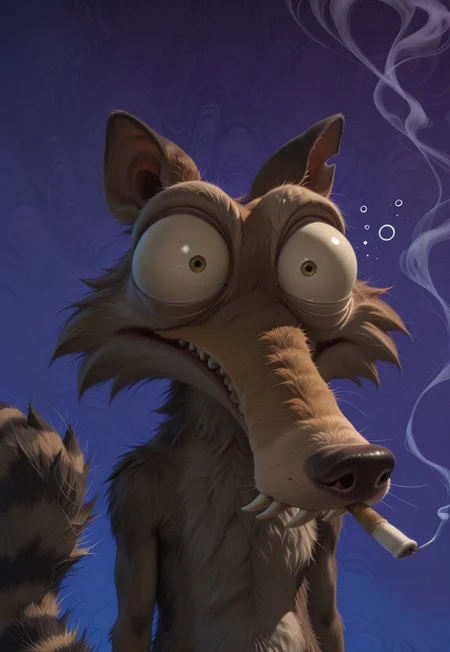 kftenhance, masterpiece, absurdres,1boy, Scrat, solo, long snout, bushy tail, striped tail, bulging eyes, sleepy, bloodshot eyes, half-closed eyes, stoned, psychedelic background, marijuana, joint, smoking