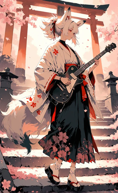 masterpiece, best quality, amazing quality, very aesthetic, newest,
1girl, solo, miko girl, Punk Kimono, Playing guitar,
tabi socks, calf, fox ears, fluffy, tail, white hair, hair tied up in a ponytail, red eyes,
white coat, hakama, floral pattern,
<lora:illustrious_all_rated_v1:0.5> <lora:ppw_v7_noobE11_6_r2_0.05:0.6>
<lora:nhl-001:0.7> nhl-001, limited palette, realistic
BREAK
long stone staircase, torii, cherry blossoms, petals, wind, warm light
<lora:wasabi_natsume_style_r1:0.8> wasabi_natsume_illu,
<lora:CreateConcept_Illustrious:0.8> createconcept