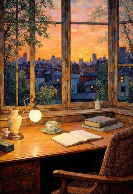This is a detailed, impressionistic digital painting depicting a cozy, warm study room with a view of a cityscape at dusk. The room is illuminated by a soft, golden light from a vintage table lamp with a spherical glass shade, positioned on the right side of the wooden desk. The desk is cluttered with various objects: a cream-colored porcelain vase with intricate patterns, a small white ceramic figurine, a green teapot with a blue and white floral design, and a stack of books with spines facing outward. An open book with blank pages lies in front of the teacup and saucer, suggesting recent use. 

In the background, through the large, open windows, a cityscape is visible. The city is bathed in the warm hues of sunset, with tall buildings silhouetted against the sky. The sky itself is a gradient of orange, yellow, and blue, transitioning from the bright colors of the setting sun to the darker tones of twilight. The window frames are simple, wooden, and slightly weathered, enhancing the rustic charm of the room. The room itself is furnished with a rustic rattan chair, adding a touch of warmth and homeliness. The overall mood of the painting is serene and inviting, capturing a moment