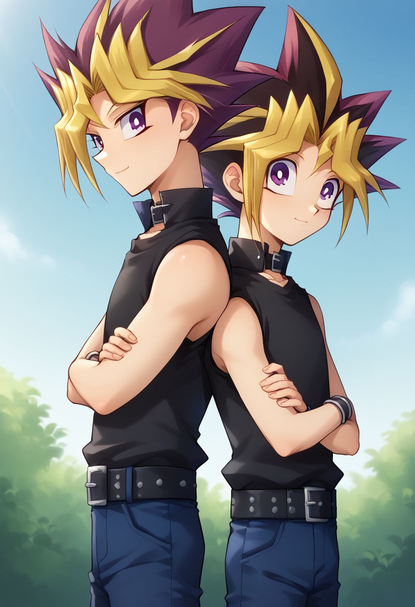 score_9, score_8_up, source_anime, highly detailed, 2boys,
yami, 1boy, male focus, blonde hair, purple eyes, multicolored hair, shirt, black shirt, shirtless, spiked hair, BREAK
yugi, 1boy, male focus, dyed bangs, spiked hair, blonde hair, purple hair, dyed bangs, pants, bangs, shirt, blue pants, purple eyes, black shirt, sleeveless, multicolored hair, belt,
outdoor,  upper body, height difference, smile, crossed arms,
