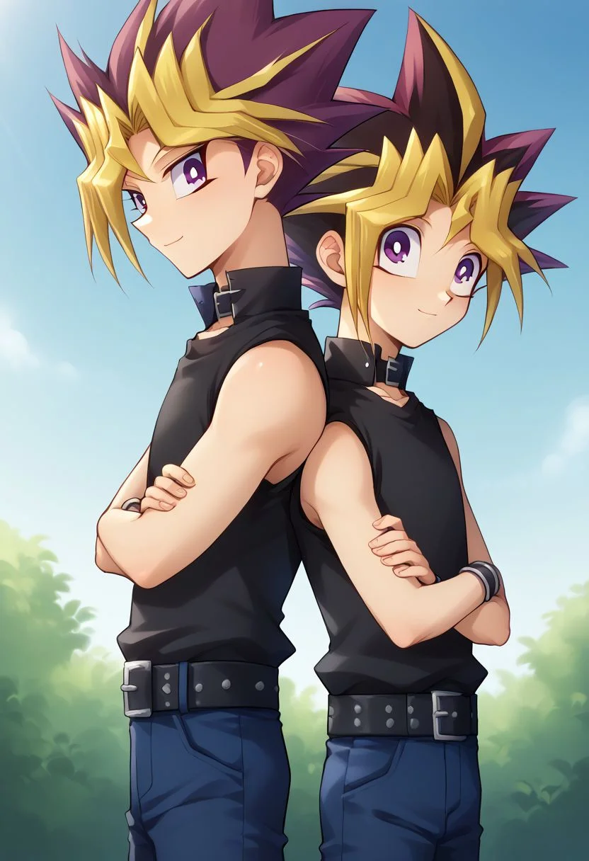 score_9, score_8_up, source_anime, highly detailed, 2boys,
yami, 1boy, male focus, blonde hair, purple eyes, multicolored hair, shirt, black shirt, shirtless, spiked hair, BREAK
yugi, 1boy, male focus, dyed bangs, spiked hair, blonde hair, purple hair, dyed bangs, pants, bangs, shirt, blue pants, purple eyes, black shirt, sleeveless, multicolored hair, belt,
outdoor, upper body, height difference, smile, crossed arms,