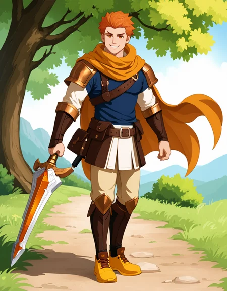 OneStepFromEdenStyle, 1boy, [bara], solo, outdoors, [amber] scarf, [orange] eyes, [orange] hair, smile, full_body, high_fantasy, yellow footwear, holding_weapon
 <lora:OneStepFromEdenStyle_Illustrious:1>