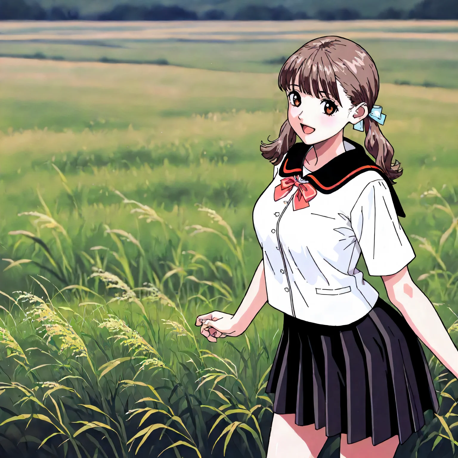 <lora:YS_AyanaFujisawaXLIllustrious004>,
masterpiece,best quality,good quality,newest,
detailed background,grassland,
smile,open mouth,
looking at viewer,
solo,
AyanaFujisawa,1girl,brown hair,low twintails,brown eyes,
black sailor color,white shirt,short_sleeves,bowtie,
pleated_skirt,black skirt,
standing,