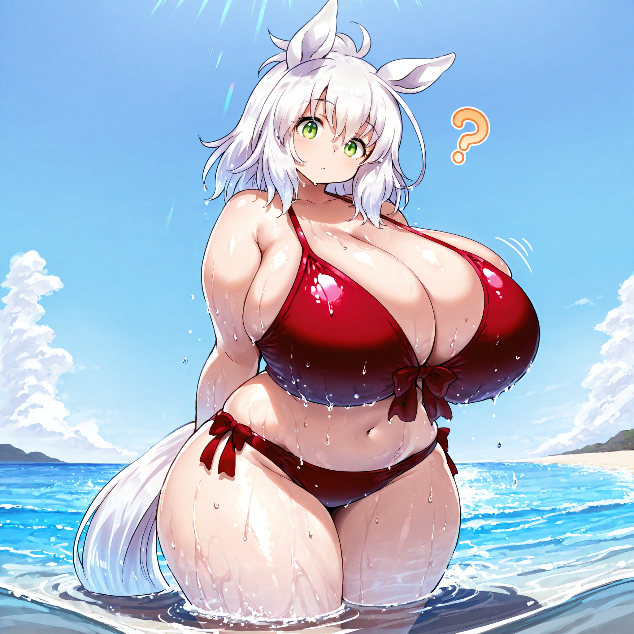(masterpiece), best quality, (highly detailed), 1female, solo, <lora:Mo23_style_Illustrious:0.8>, horse tail, horse ears, white hair, green eyes, red bikini, gigantic breasts, beach, wet, partially submerged, wide hips, standing, head tilt, ?,