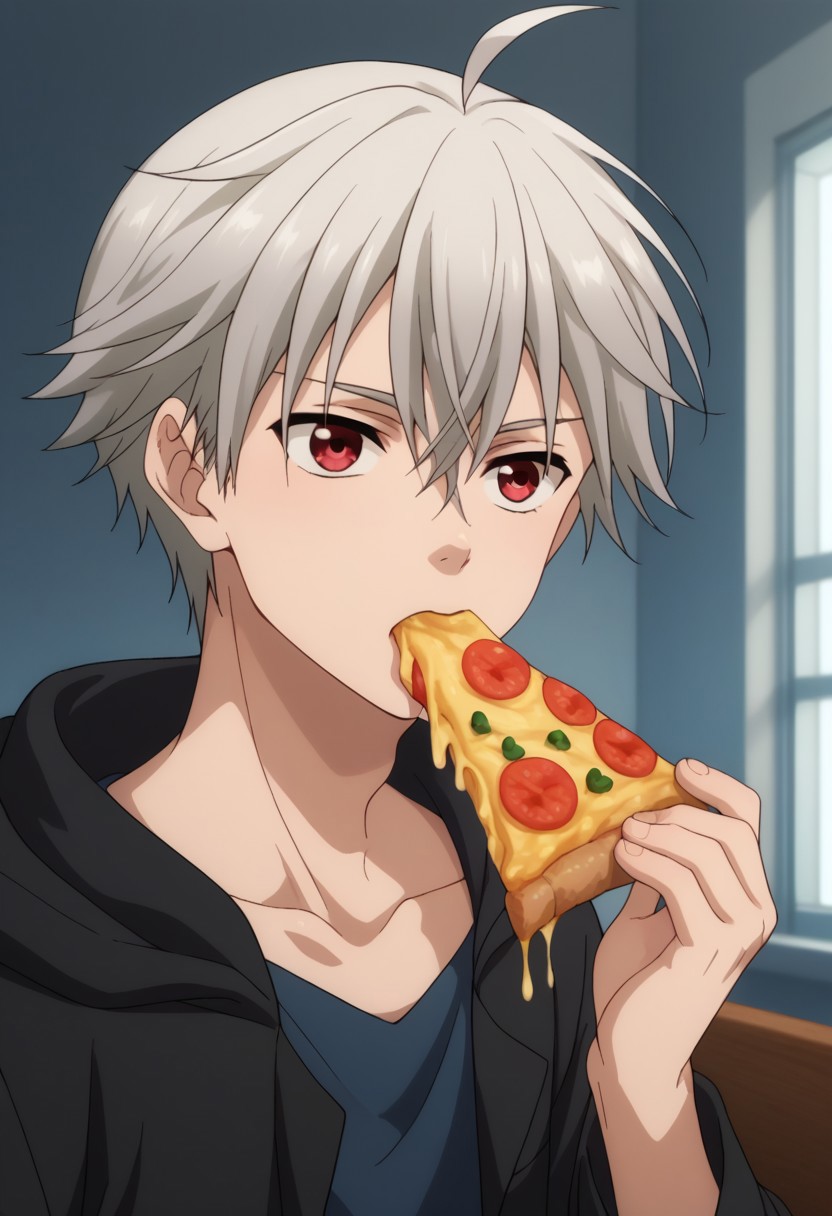 score_9, score_8_up, score_7_up, source_anime, highly detailed, 
yoshio, 1boy, male focus, solo, red eyes, hood, upper body, hoodie, ahoge,
grey hair, black hoodie, brown pants, shirt, blue shirt, open hoodie, open clothes, food, eating, pizza, hold, pizza slice,
indoor,