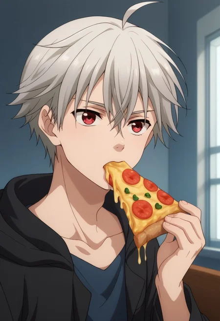 score_9, score_8_up, score_7_up, source_anime, highly detailed, 
yoshio, 1boy, male focus, solo, red eyes, hood, upper body, hoodie, ahoge,
grey hair, black hoodie, brown pants, shirt, blue shirt, open hoodie, open clothes, food, eating, pizza, hold, pizza slice,
indoor,