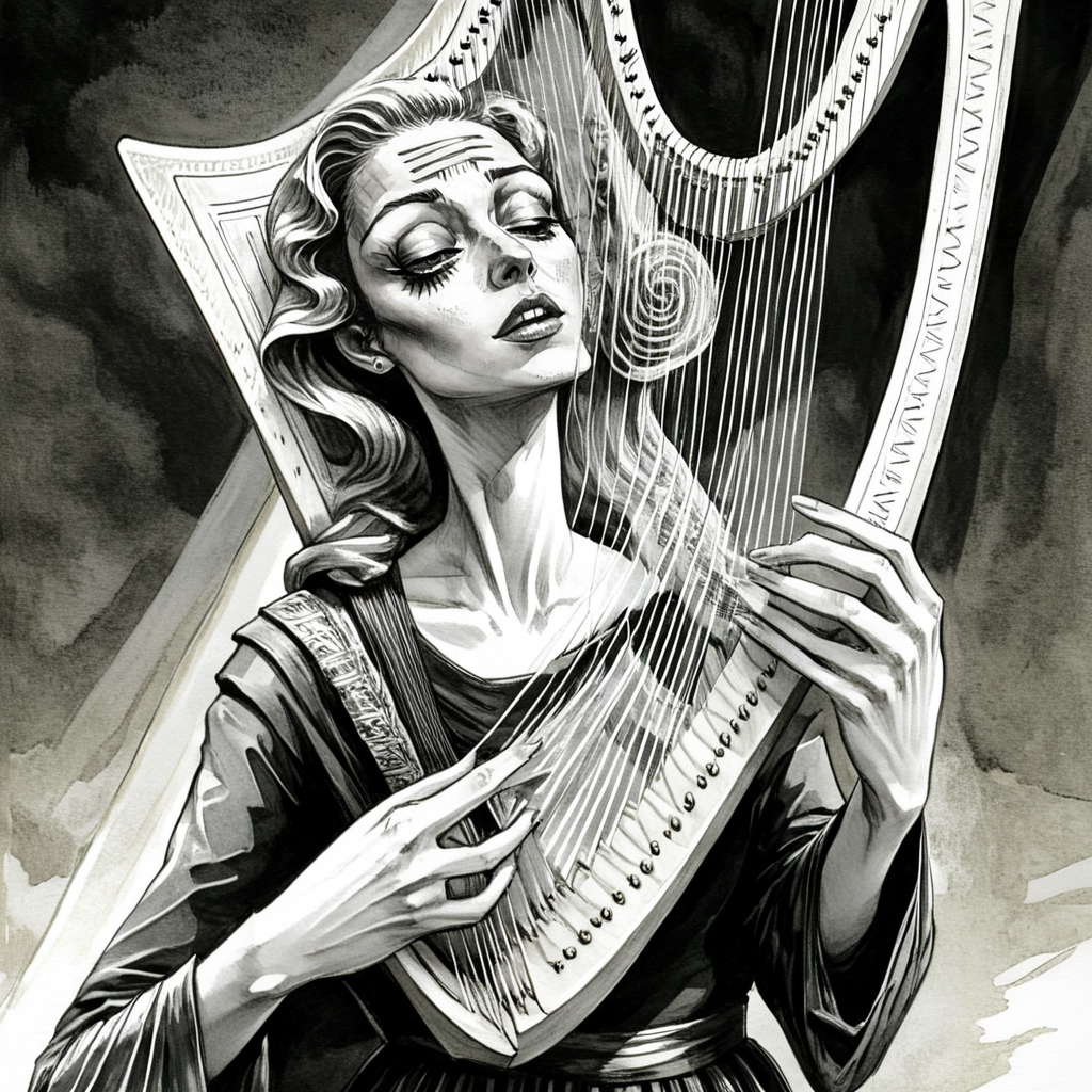<lora:Monochrome_Graphic_EtchingSDXL:1> ArsMJStyle, Monochrome Graphic Etching, The image shows a woman playing a harp in a black and white drawing. She is wearing a long dress and has her hands gracefully placed on the strings of the harp. Her eyes are closed in concentration as she plays her expression peaceful and serene., instrument, solo, monochrome, yellow eyes, playing instrument, 1boy, holding instrument, male focus, music, greyscale