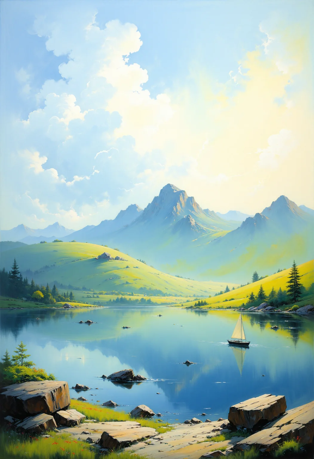 A beautiful expressive painting of a serene coastal landscape with a sailboat on calm waters, rocky shoreline, lush greenery, and distant mountains under a partly cloudy sky. High aesthetic quality. Soft, warm lighting. Medium wide shot. No people. Very high quality, detailed, vibrant colors, peaceful atmosphere, natural beauty.
<lora:articp01_epoch_13:1>