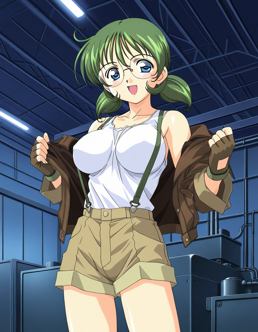 general,highres, ultra-detailed,very aesthetic,best quality ,best hands,  BREAK <lora:Sakurako_Spiral_NAMI_IS:1> 2000s \(style\),anime coloring,
Sakurako, solo, glasses, green hair, blue eyes, twintails, short hair, large breasts, gloves, shorts, fingerless gloves, tank top, 
brown jacket, suspenders, factory, happy, spanner,