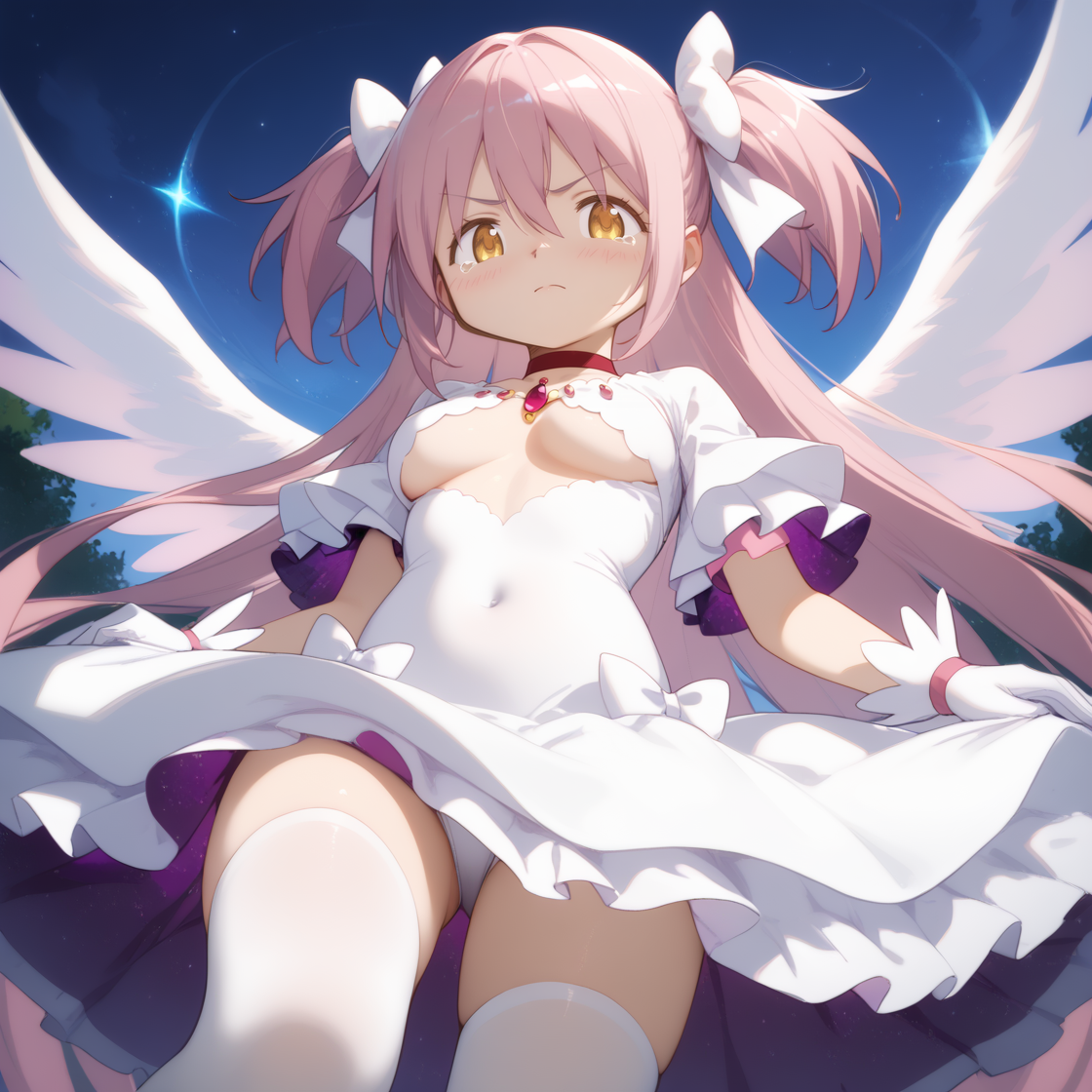 (score_9,score_8_up,score_7_up) BREAK uncensored BREAK 1girl,(medium breasts:1.2),
disgust,scowl,closed mouth,tears,
BREAK
BREAK
BREAK
BREAK
BREAK
BREAK
BREAK
BREAK <lora:Madoka-Madoka_Kaname-PDXL:1>,<lora:madoka_god:lbw=js>,(ultimate madoka,kaname madoka,long hair,pink hair,very long hair,bangs,hair between eyes,two side up,white bow,yellow eyes),(choker,white choker,gloves,white gloves,underboob,underwear,clothing cutout,cleavage cutout,covered navel,wide sleeves,frills,dress,white dress,frilled dress),(thighhighs,white thighhighs),angel wings,starry sky print,flying,from_below,