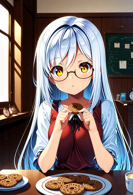1girl, solo, woman, anime, long_hair, white_hair, glasses, Enchanting Eyes, cookies, beautiful, shopkeeper, beautiful, Butter-T, masterpiece, best quality, amazing quality, pg, sfw, made of creamy cookies.