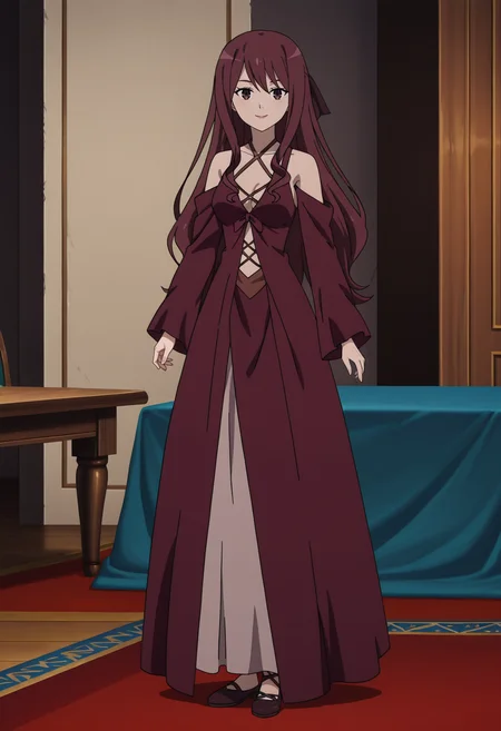 <lora:Elise_illustrious-000056:1>,
Elise, solo, standing, long dress, detached sleeves, indoors, bare shoulders, smile, full body, table, carpet, anime screencap