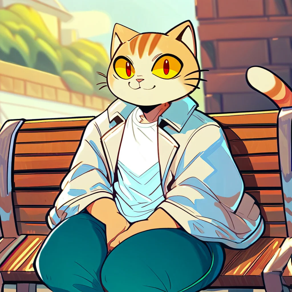 score_9, score_8_up, score_8, furry, Tapio, cat, yellow sclera, striped tail, cartoon style, 2d, furry male, thick thighs, wide hips, solo, white undershirt, open red overcoat, blue jeans, sitting, on bench, hands in lap, smile, looking at viewer, outside
