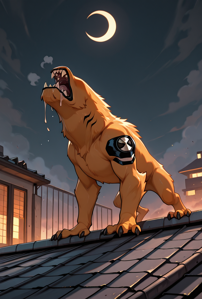 <lora:wildmutt-06:1> wildmutt, solo, no humans, claws, sharp teeth, no eyes, no ears, drooling, standing on rooftop, howling, crescent moon, masterpiece, best quality, amazing quality, very aesthetic, absurdres, newest,