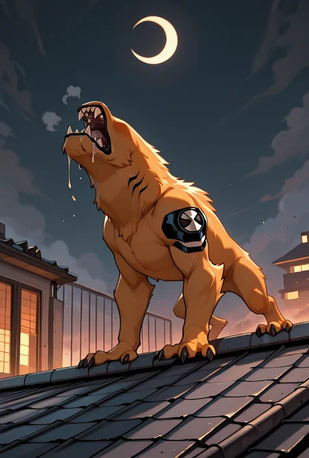 <lora:wildmutt-06:1> wildmutt, solo, no humans, claws, sharp teeth, no eyes, no ears, drooling, standing on rooftop, howling, crescent moon, masterpiece, best quality, amazing quality, very aesthetic, absurdres, newest,