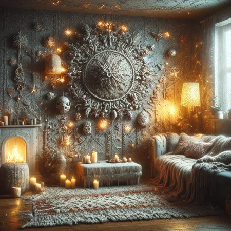 hyper detailed, cozy room, walls ChristmasSweater, midjourneyv6.1