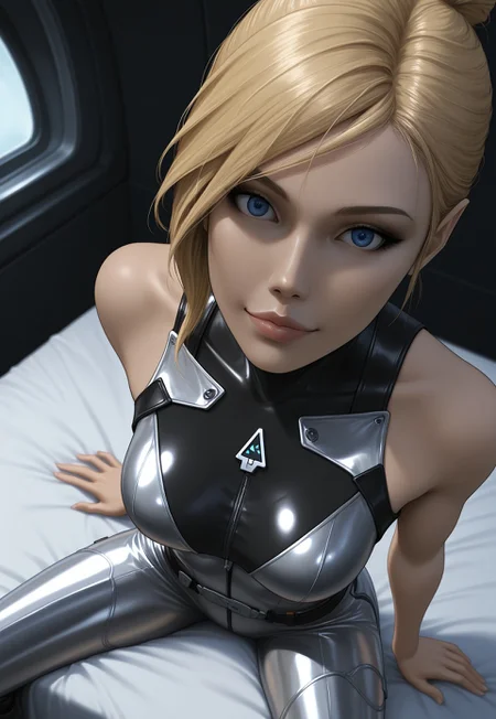 score_9, score_8_up, score_7_up, 1girl, close-up portrait of olz_lara1, pinup girl pose, Expressiveh, a sexy girl sitting on an all white bed in a spaceship, sitting on edge, straight blonde hair, blue eyes, big eyes, silver latex clothes, bare shoulders, silver sci-fi outfit, sleeveless,looking at viewer, perfect face, aroused look on face, soft smile, realistic, fit body, cute BREAK dramatic angle, unique perspective, unique angle, front view, face focus