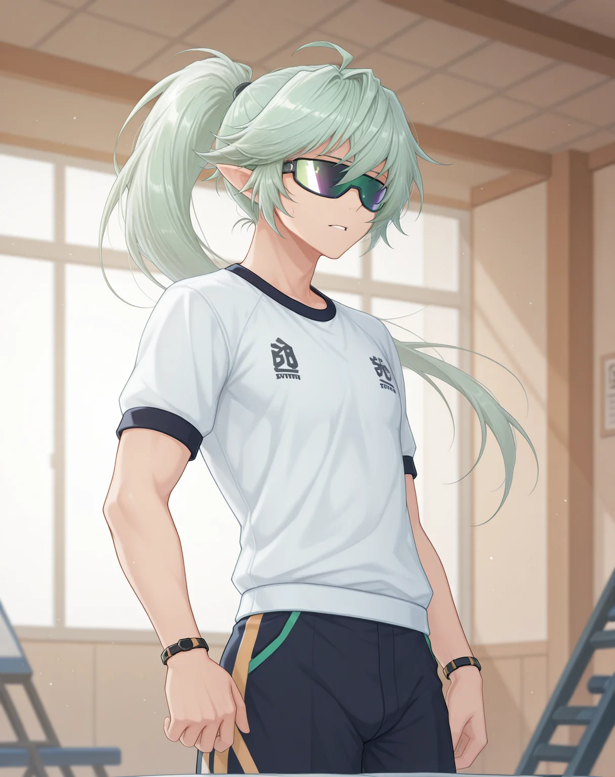 masterpiece,best quality,amazing quality, newest, very aesthetic, absurdres,
1boy, solo, yaoi, male focus, looking at viewer, cowboy shot, standing,
<lora:Zero_Summer_ilxl:1> zerotsummer, pointy ears, sunglasses, long hair, ponytail, green hair,
gym uniform, gym shorts, gym shirt,
indoors, gym,