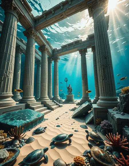 An ancient underwater Temple of Poseidon, partially buried in sand and coral at the bottom of the Aegean Sea. Massive marble columns, some broken, others still standing, encrusted with seashells and marine life. Soft sunlight filtering through the ocean surface above, casting shimmering rays over the temple ruins. Colorful fish and sea turtles swimming peacefully around. The atmosphere is mystical and serene, with a bluish-green hue dominating the scene. A statue of Poseidon with a trident stands at the center of the temple, covered in algae and marine growth. Realistic style, high detail, cinematic lighting, wide-angle view.
<lora:SDXLFaeTastic2400:0.4> <lora:extremely_detailed:0.4> extremely detailed,underwater Temple of P0s31d0n, <lora:underwater_Temple_of_P0s31d0n-i:1>, Masterpiece,best quality,hi res,8k,hi res,8k,award winning,(sharp focus, intricate, highly detailed),