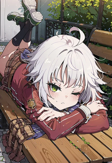 safe_pos, score_9, score_8_up, score_7_up,masterpiece, best quality, source_anime,anime screencap,Kakure_Eria,handfixer,
1girl,from above,
(lying on bench:1.4),(lying on her stomach:1.4),(head on her arms:1.2),
<lora:FieClaussellCS1:0.9>, Fie Claussell, white hair, medium hair, ahoge, green eyes, small breasts, petite, school uniform, red jacket, ribbon, plaid skirt, belt pouch, black socks, green shoes, cute, one eye closed, sleepy,

sunny,long bench,