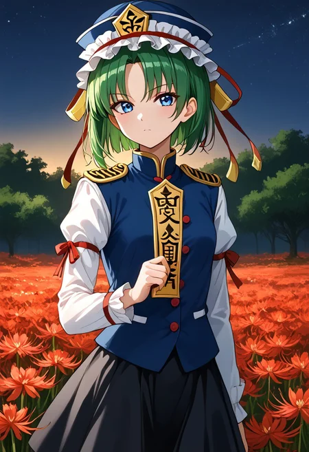 safe_pos, 1girl, solo, solo focus, highres, absurdres, shikieiki, green hair, frilled hat, blue eyes, blue headwear, short hair,

long sleeves, black skirt, white shirt, blue vest, red ribbon, epaulettes, small breasts, arm ribbon, buttons,

looking at viewer,

red spider lily, flower field, night, night sky, red sky, backlighting,