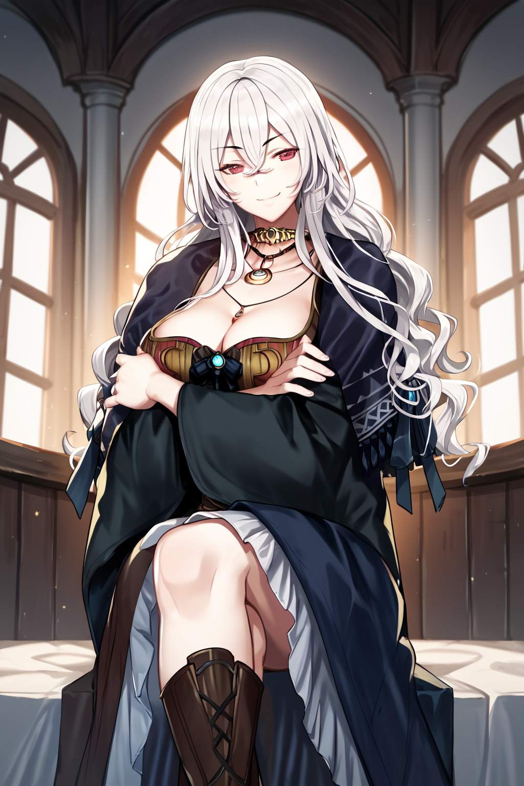score_9, score_8_up, score_7_up, score_6_up, rating_safe, source_anime, best quality, masterpiece, detailed background, detailed eyes, indoors, sitting, <lora:olivia-berry-xl-04:1>, olivia berry, olivia outfit, long hair, red eyes, smirk, half-closed eyes, raised eyebrows, medium breasts, full breasts, crossed legs, crossed arms,