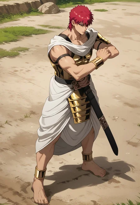 score_9, score_8_up, score_7_up, source_anime, rating_safe, Masmag, 1boy, male focus, anime screencap, white greek chiton, gold armor, gold pauldron, gold bracelet, gold anklet, sheathed sword, barefoot,