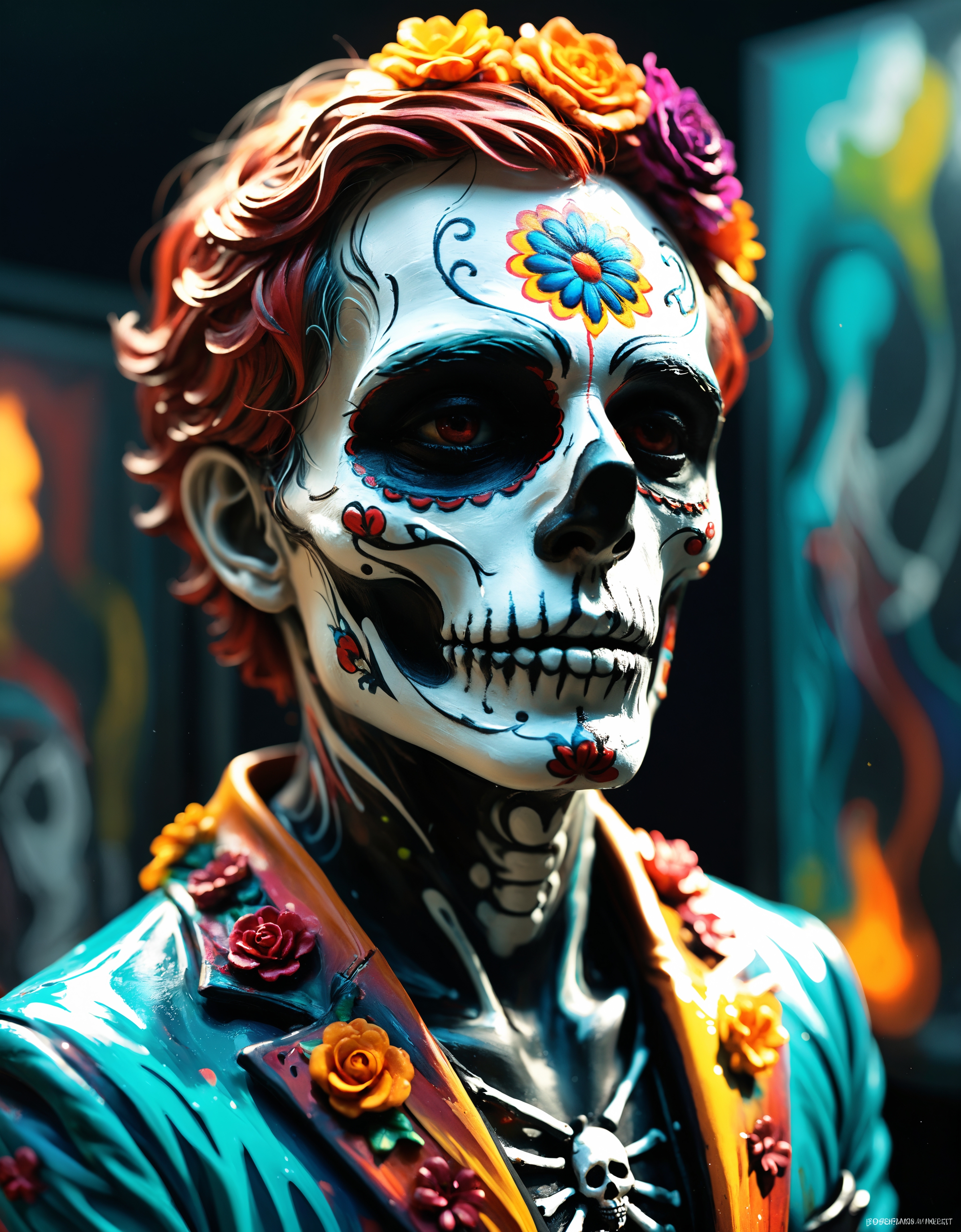 zavy-lqdprtrt, liquid paint, Lifelike tiny German Male, de dia los muertos soft focus, 80mm, Electic Colors, highly contrasted, lush, cool colors, ambient atmosphere, aesthetic, intricate, advanced cinematic perfect light, professional fine composition, dynamic dramatic beautiful full taking, modified, sunny
