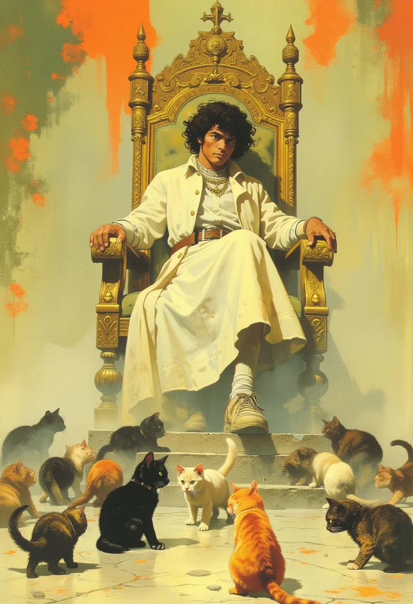 (photograph, Art by Frank Frazetta, drkfnts style) A 24-year-old white knight sits at the edge of a grand golden throne, his black curly hair softly framing his youthful face, radiating warmth and quiet charm. He wears an oversized white robe that drapes elegantly, its delicate fabric shimmering under soft ambient light, enhancing the ethereal quality of the moment. Leaning back slightly, he watches a dozen playful kittens scattered across the polished floor, their lively movements filling the air with an innocent, whimsical energy. Each kitten, with unique fur patterns, adds a touch of vibrancy, their soft coats reflecting the gentle glow of the setting. His expression is calm and contemplative, his gaze full of quiet affection as he observes their antics. The dreamy, low-contrast background swirls with soft, blended hues that fade into one another, immersing the scene in an enchanting atmosphere. This visual narrative masterfully balances noble elegance and pure innocence, drawing the viewer into a serene, fantastical world where warmth and companionship reign.