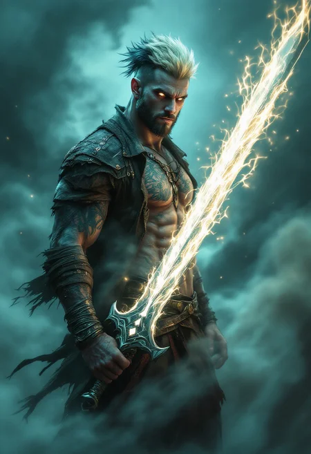 A captivating fantasy character of a tattooed man with spiky faded two-colored hair, glowing eyes, and a muscular build. He brandishes a massive, glowing sword imbued with magical energy, emitting a powerful aura. The man dons a tattered robe and jacket, showcasing his toned physique. The background is filled with swirling smoky mist, creating an eerie and enchanting atmosphere. The dynamic position of the character and the soft outlines immerse the viewer into the dark fantasy world, evoking a sense of movement and depth. This conceptual art piece is both cinematic and immersive, inviting viewers to explore the mysterious realm.