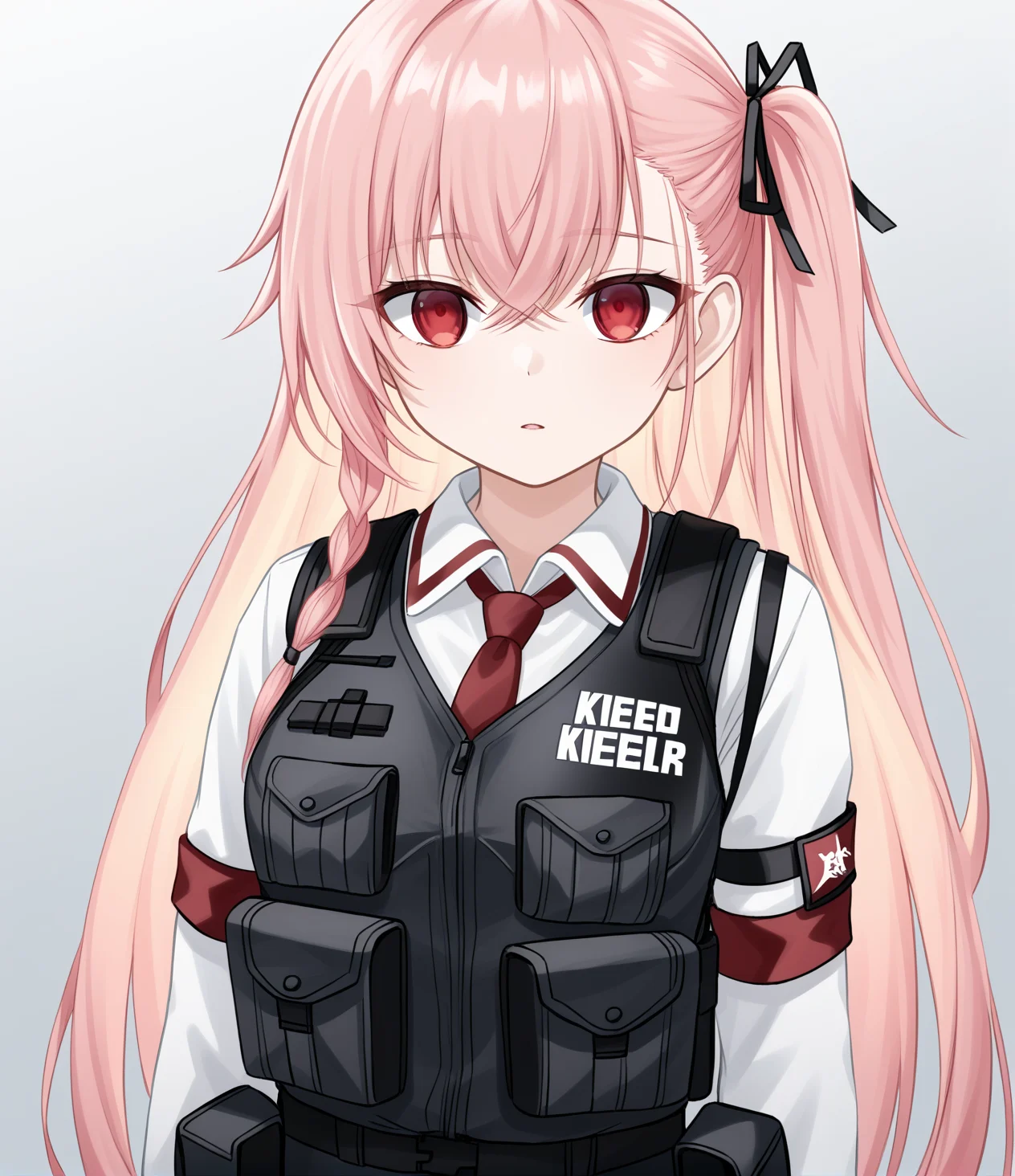 <lora:Negev_Girls_Frontline:1> negev, pink hair, red eyes, bangs, tactical outfit, kevlar vest